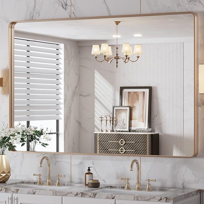LOAAO 48”X32” Gold Bathroom Mirror, Rounded Rectangle Gold Frame Mirror
