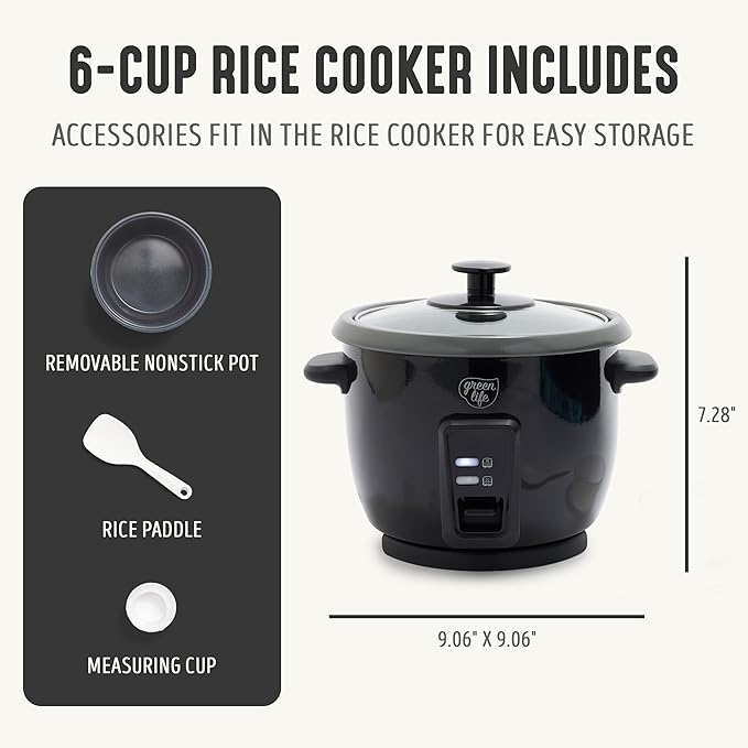 GreenLife Rice Cooker with Removable PFAS-Free Ceramic Nonstick Pot, 3-Cups