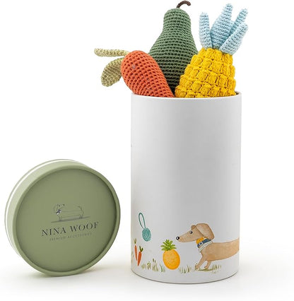 Nina Woof Organic Cotton Squeaky Dog Toys Fruits & Veggies Dog Toy Pack - Handmade Knit Dog Accessories, for Small Medium Dogs, Puppy Essentials and Puppy Toys Perfect Dog Gift