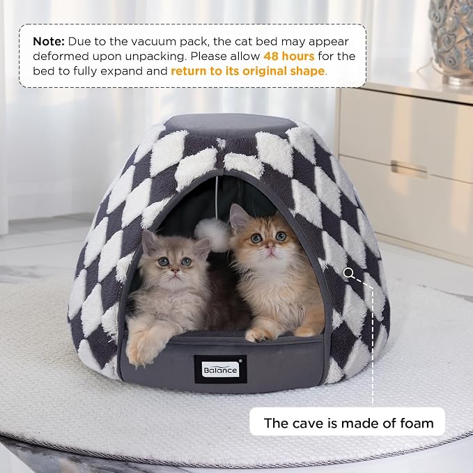 BALANCE Cat Beds for Indoor Cats, 2-in-1 Cat Bed Cave with Anti-Slip Bottom and Ultra-Soft Plush, Cozy Cats House Tent for Kittens and Small Dogs, 21 Inches, Dark Grey