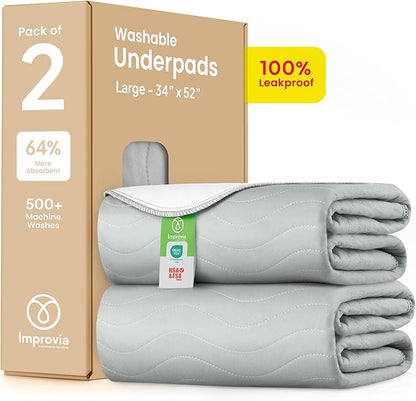 IMPROVIA® Washable Underpads 34" x 52" Pack of 2 Heavy Absorbency Reusable Bedwetting Incontinence Pads for Adults, Kids, & Pets - Waterproof Protective Pad for Bed, Couch, Sofa, Floor (Gray & White)