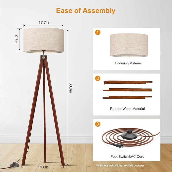 LEPOWER Wood Tripod Floor Lamp, Mid Century Standing Lamp, Modern Design Studying Light for Living Room, Bedroom, Study Room and Office, Flaxen Linen Shade with E26 Base Brown