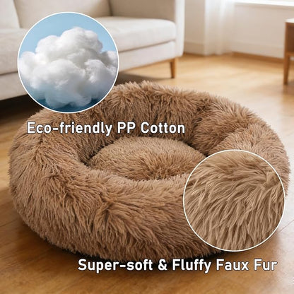 Calming Donut Dog Beds for Small Dogs Kitten - Washable Removable Cover Non-Slip Bottom, Round Pet Bed Puppy Bed Warming Fluffy Faux Fur Anti-Anxiety, Fits up to 15 lbs (Camel, 20")