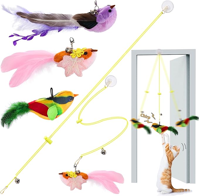 Interactive Bird Cat Toy,1Pcs Interactive Chirping Bird Cats Feather Toys and 2Pcs Birds Cat Feather Toys Replacement for Indoor Cats