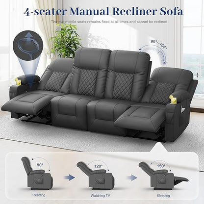 FURNIMAT Oversized Recliner Sofa, 4 Seats Dual Reclining Sofa, PU Leather Loveseat Couch, Modern Recliner Chair for Living Room, with Cup Holder and 2 Cell Phone Holders, USB Ports, Gray