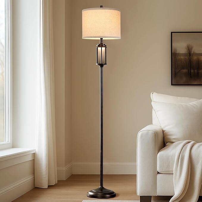 65'' Farmhouse Floor Lamp for Living Room with 2 Light Sources, Vintage Tall Standing Lamp with Frosted Acrylic Nightlight, Rustic Floor Light for Bedroom Office Corner, Bulbs Included