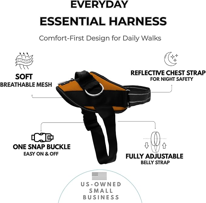 ShawnCo Essential Dog Harness, No-Pull Pet Vest (Sunset Orange,S) | 3 Leash Clips, Easy On, No-Choke, Reflective, Adjustable Fit, Padded Comfort, Control Handle, For Small, Medium & Large Dogs