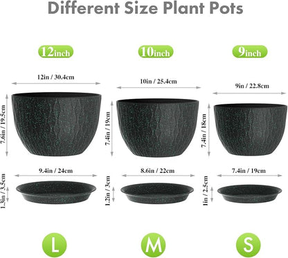 Meowell 12/10/9 inch Large Plant Pots, 3 Pack Wide Flower Pots for Outdoor Indoor Plants, Water Ripples Plastic Planters with Drainage Holes and Saucers for Garden House, Black with Green Speckles