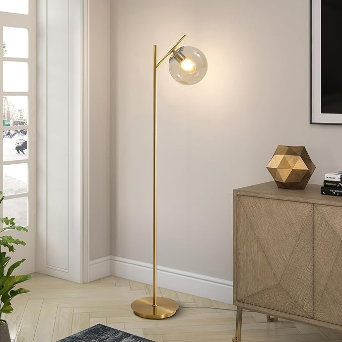 Mid Century Modern Floor Lamp for Living Room Retro Vintage Brass Standing Light Industrial Cognac Glass Globe Floor Freestanding Lamp for Office Hotel Bedroom
