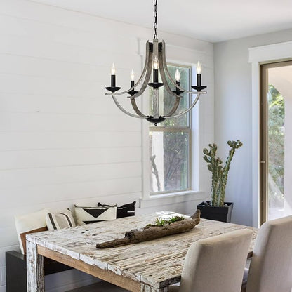 Farmhouse Chandeliers for Dining Room Light Fixture, 5-Light 24 inch Faux Wood Texture Hanging Lighting Fixtures,Rustic Candle Chandeliers for Living Room Kitchen Island Foyer Entryway
