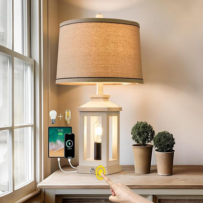 23.75" Retro Farmhouse USB C+A Ports Table Lamp with 3 Way Dimmable Touch Control White Nightlight Vintage Modern Lamp for Living Room Bedroom with 2 Light Sources