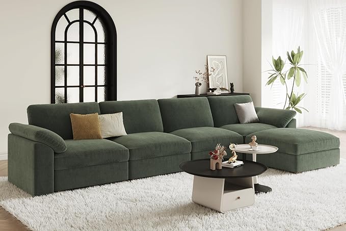 EASE MOOSE Oversized Sectional Sofa with Ottoman,Comfty L Shape Sectional Deep seat Modular Sofa,Cloud Couch for Living Room, Removable Cover,Green