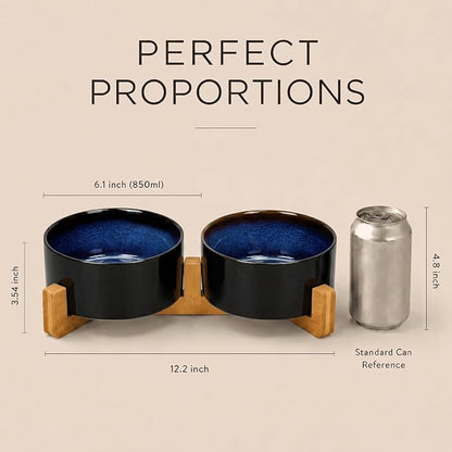SPUNKYJUNKY Ceramic Dog and Cat Bowl Set with Wooden Stand, Modern Cute Weighted Food Water Set for Small Size Dogs (13.5OZ) & Medium Sized Dogs (28.7OZ) & Cats (3.6 Cups, 2 × Starry Blue)