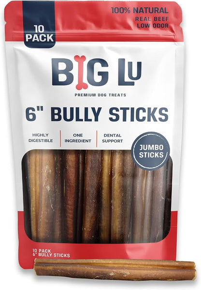 Big Lu - 6” Jumbo Bully Sticks, 10 Count, 100% Grass-Fed Beef Chews, Fully Digestible, Long-Lasting Treats for Aggressive Chewers, Natural Single-Ingredient Chews for Medium & Large Dogs