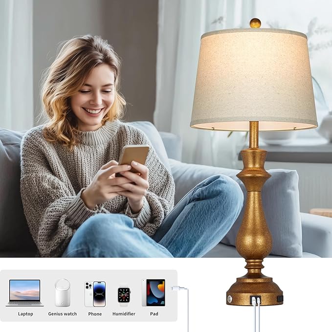Retro Gold Table Lamps Set of 2 for Living Room,30" Tall Bedside Lamp with USB Charging Port,3-Way Dimmable Touch Nightstand Lamp for Bedroom Desk Side Table Office,Copper Gold