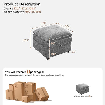 Abbrevi 27" Large Square Ottoman with Storage, Modern Upholstered Footrest with Anti-Slip Legs for Couch Coffee Table Living Room, Bedroom, Entryway, Chenille Light Grey