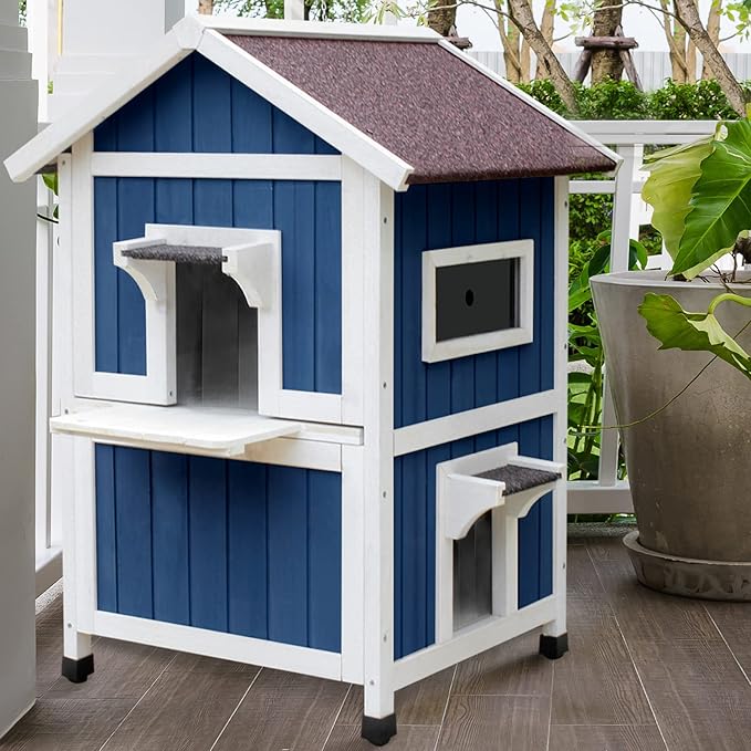 Rockever Outdoor Cat House, Large Outdoor Houses for Feral Cats Wooden Outside Cat Shelter Weatherproof with Escape Door