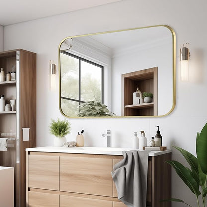 40x30 Inch Gold Bathroom Mirror, Brushed Gold Metal Framed Rectangular Mirror