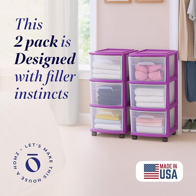 HOMZ 2-Pack Drawer Tower, 3-Tier Clear Plastic Storage Organizer Cart, and