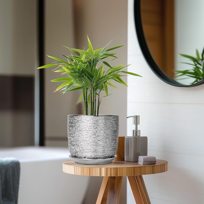 Ceramic Flower Pot - 7 Inch Ceramic Plant Pot for Indoor Flowers, Modern Outdoor Round Planter with Drainage Hole and Saucer, Gifts for Plant Lovers, Home Garden Decor, Silver