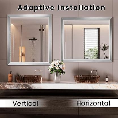 Amorho Bathroom Mirror, 40x38 Inch Silver Thick Metal Framed Wall Mirrors