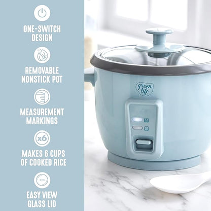 GreenLife Rice Cooker with Removable PFAS-Free Ceramic Nonstick Pot, 3-Cups