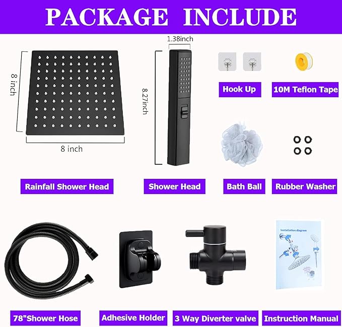8"High Pressure Square Rain Shower Head and 2-in-1 Hand Shower.Equipped