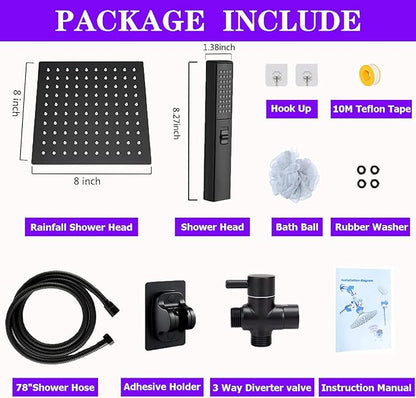 8"High Pressure Square Rain Shower Head and 2-in-1 Hand Shower.Equipped