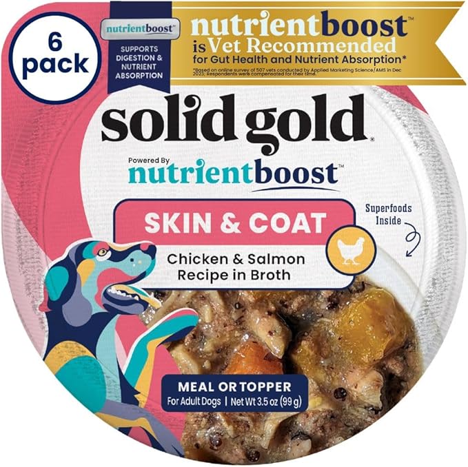Solid Gold Wet Dog Food Topper & Meal Cups - for Adult & Senior Small Breed & Large Breed Dogs - W/Salmon, Chicken & Superfoods for Sensitive Stomachs, Gut Health & Skin & Coat Support - 3.5oz/6 Pack