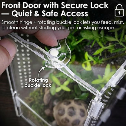 Acrylic Jumping Spider Enclosure: Tarantula Enclosure with Door Lock for Gecko Praying Mantis Snail - Front Opening Arboreal Reptile Terrarium Dual-Side Ventilation Bug Habitat for Desk Decor