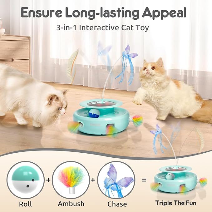 ORSDA Cat Toy, 3-in-1 Automatic Interactive Electronic Moving Ambush Feather, Fluttering Butterfly, Track Balls, USB Rechargeable Powered Smart Indoor Exercise Kicker