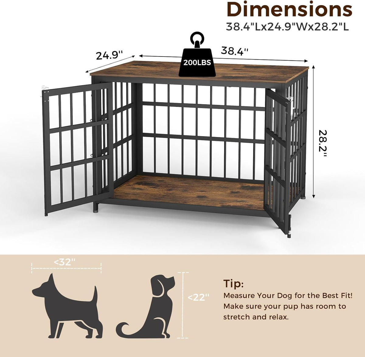 38 Inch Heavy Duty Wooden Dog Kennel End Table with Double Door Design and Secure Locks, Indoor Pet Crate Furniture for Medium Dogs, Decorative Home Cage Design,Aged Black