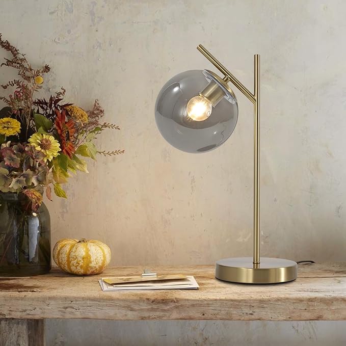 Mid Century Desk Lamp, Glass Globe Table Lamp with Gray Glass lampshade, Gold Modern Bedside Lamps for Bedroom Living Room Study Room