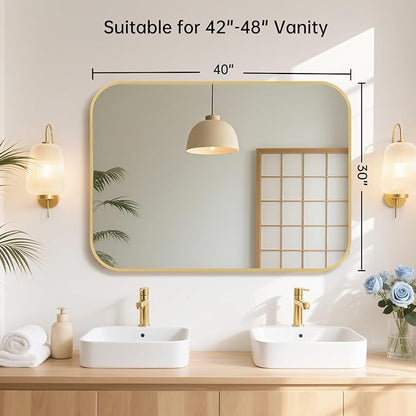 40x30 Inch Gold Bathroom Mirror, Brushed Gold Metal Framed Rectangular Mirror