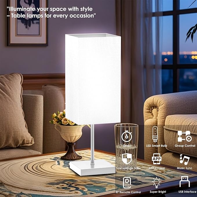 Smart Bedside Table Lamp for Bedroom, Modern Bedroom Lamps for Nightstand Decoration, 72 LED Colorful Bulb with APP Control & Music Sync & Timer, Desk Light for Home Office Living Room (Nickel Square)