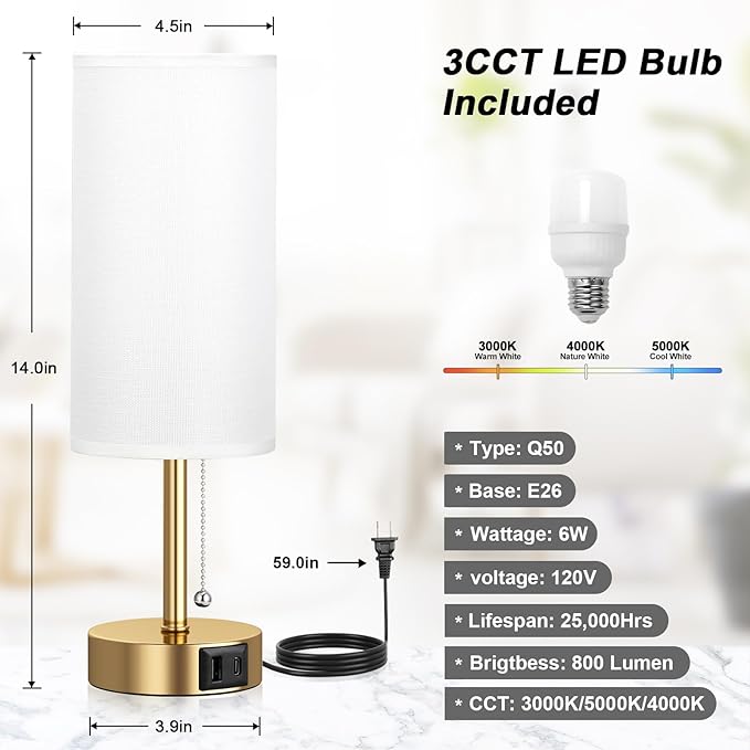 Gold Bedside Lamp for Bedroom Nightstand - Small Table Lamp with USB A + C Charging Port, 3 Color Temperatures Pull Chain Night Stand Light, Side Table Desk Reading Lamp for Living Room/Dorm Room