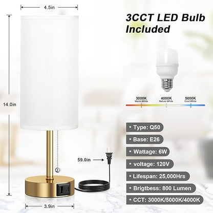 Gold Bedside Lamp for Bedroom Nightstand - Small Table Lamp with USB A + C Charging Port, 3 Color Temperatures Pull Chain Night Stand Light, Side Table Desk Reading Lamp for Living Room/Dorm Room