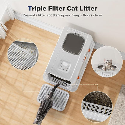 FURTIME Stainless Steel Litter Box with Lid, XL Extra Large Enclosed Cat Litter Box for Big Cats, Metal Cat Box with High Sided Enclosure & Scoop, Front & Top Entry, Odor Free, Anti-Leakage, Silver
