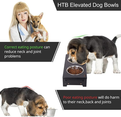 HTB Elevated Dog Bowl Stand with 2 Stainless Steel Bowls-4" H Small Black | Raised Dog Bowl Stand, 4"tall, 21 Oz Bowls, for Small Sized Dogs, Pet-safe, Solid Bamboo