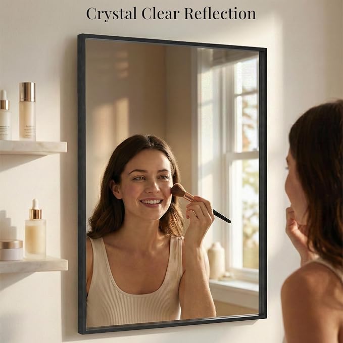 24''x36'' Matte Black Bathroom Mirror | Deep-Set Recessed Metal Frame |