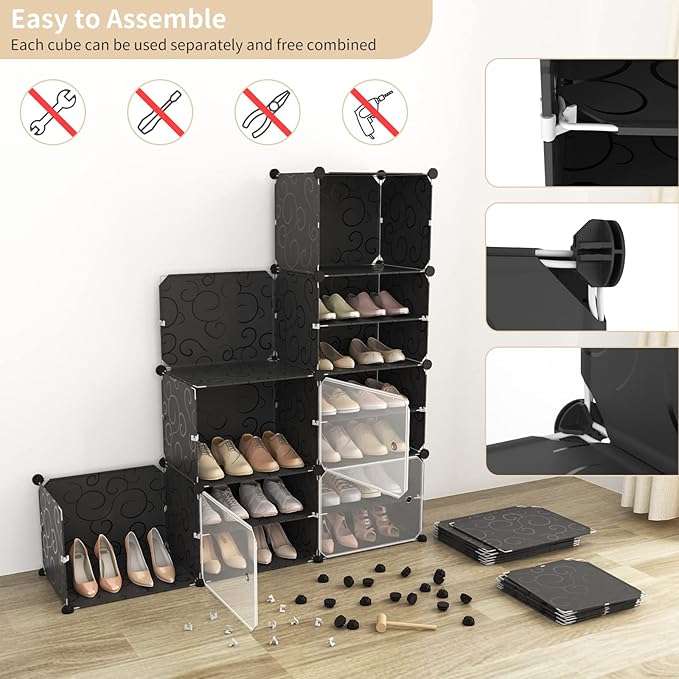 Portable Shoe Rack with Door, 64 Pairs Cabinet Easy Assembly, Plastic