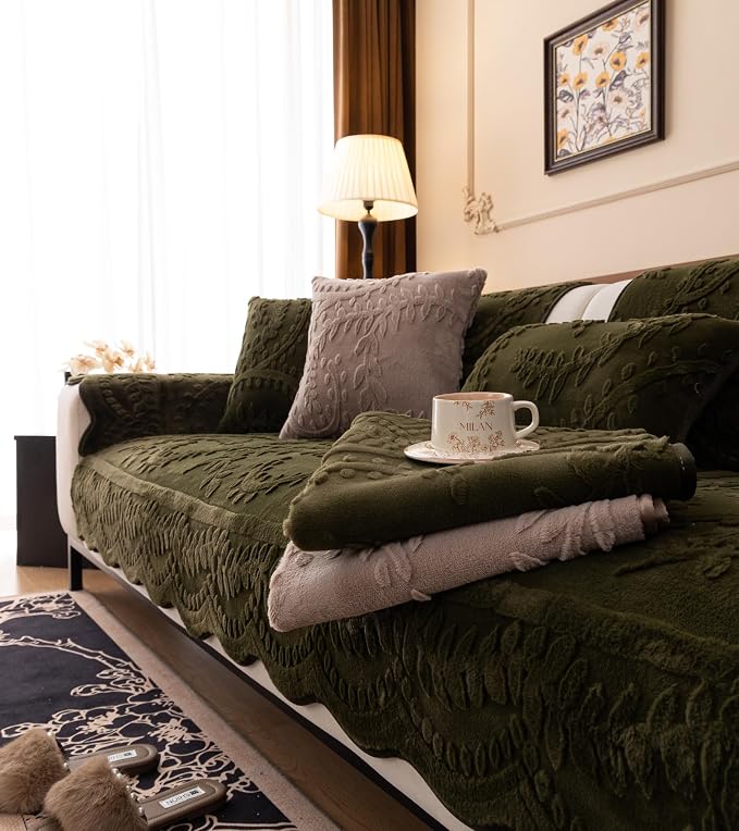 Green Fuzzy Rabbit Plush Sofa Cover Cozy Warm Sofa Couch Covers with 3D Jacquard Leaf Pattern Non-Slip Easy-to-Install Shaggy Sofa Slipcover Prefect for Kids Dogs Cats Cats(Green,36"x28")