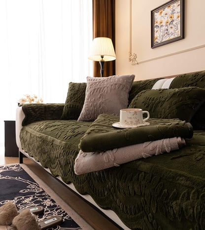 Green Fuzzy Rabbit Plush Sofa Cover Cozy Warm Sofa Couch Covers with 3D Jacquard Leaf Pattern Non-Slip Easy-to-Install Shaggy Sofa Slipcover Prefect for Kids Dogs Cats Cats(Green,36"x28")