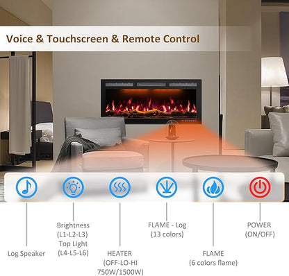 72 Inch WiFi-Enabled Electric Fireplace Inserts & Wall Mounted, Slim Electric