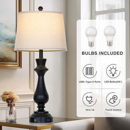 Modern Black Table Lamps Set of 2 for Living Room,30" Tall Bedside Lamp with USB Charging Port,3-Way Dimmable Touch Nightstand Lamp for Bedroom Desk Side Table Office,Black