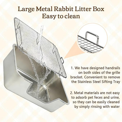 Rypet Large Rabbit Litter Box, Bunny Litter Box High Side with 304 Stainless Steel Sifting Tray, Metal Small Animal Litter Pan with Pet Food Bowl and Water Bottle, Non-Slip Easy to Clean Odor Control