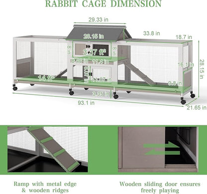 Gowoodhut 2-Story 93.1"L Rabbit Hutch Indoor and Outdoor with 8 Wheels,Wooden Rabbit Cage with 4 Pull Out Leak-Proof Trays for 2-4 Rabbits,Bunny Hutch with Asphalt Roof Bunny Cage with 7 Accesses,Grey