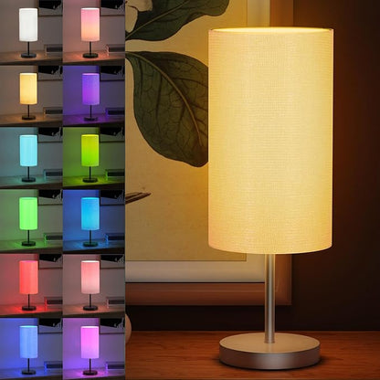 Smart Bedside Table Lamp for Bedroom, Modern Bedroom Lamps for Nightstand Decoration, 72 LED Colorful Bulb with APP Control & Music Sync & Timer, Desk Light for Home Office Living Room (Nickel Round)