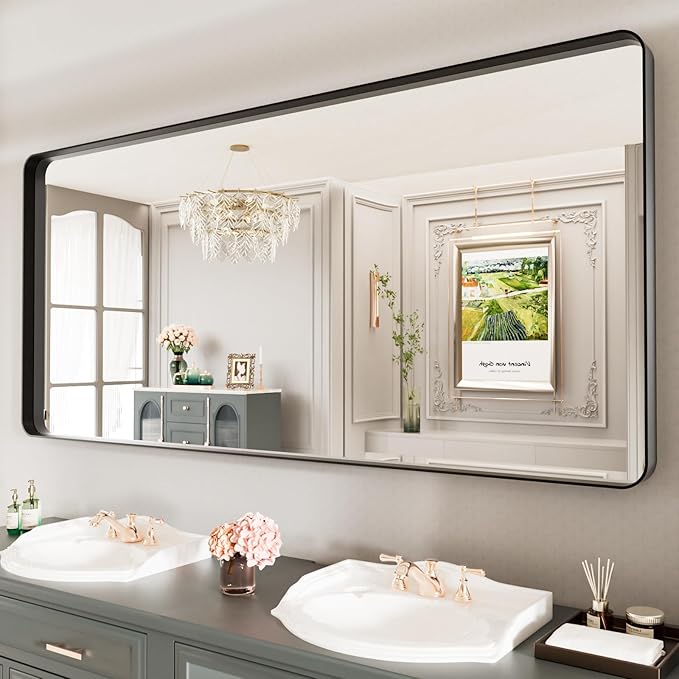 LOAAO 77X36 Inch Black Metal Framed Bathroom Mirror