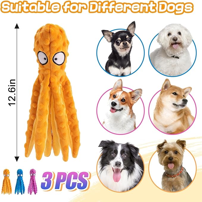 Alphatool Squeaky Dog Toys - 3pcs Soft Plush Chew Crinkle Puppy Toys to Keep Them Busy, Octopus No Stuffing Interactive Essentials for Teething Small Medium Pets Dogs Gifts